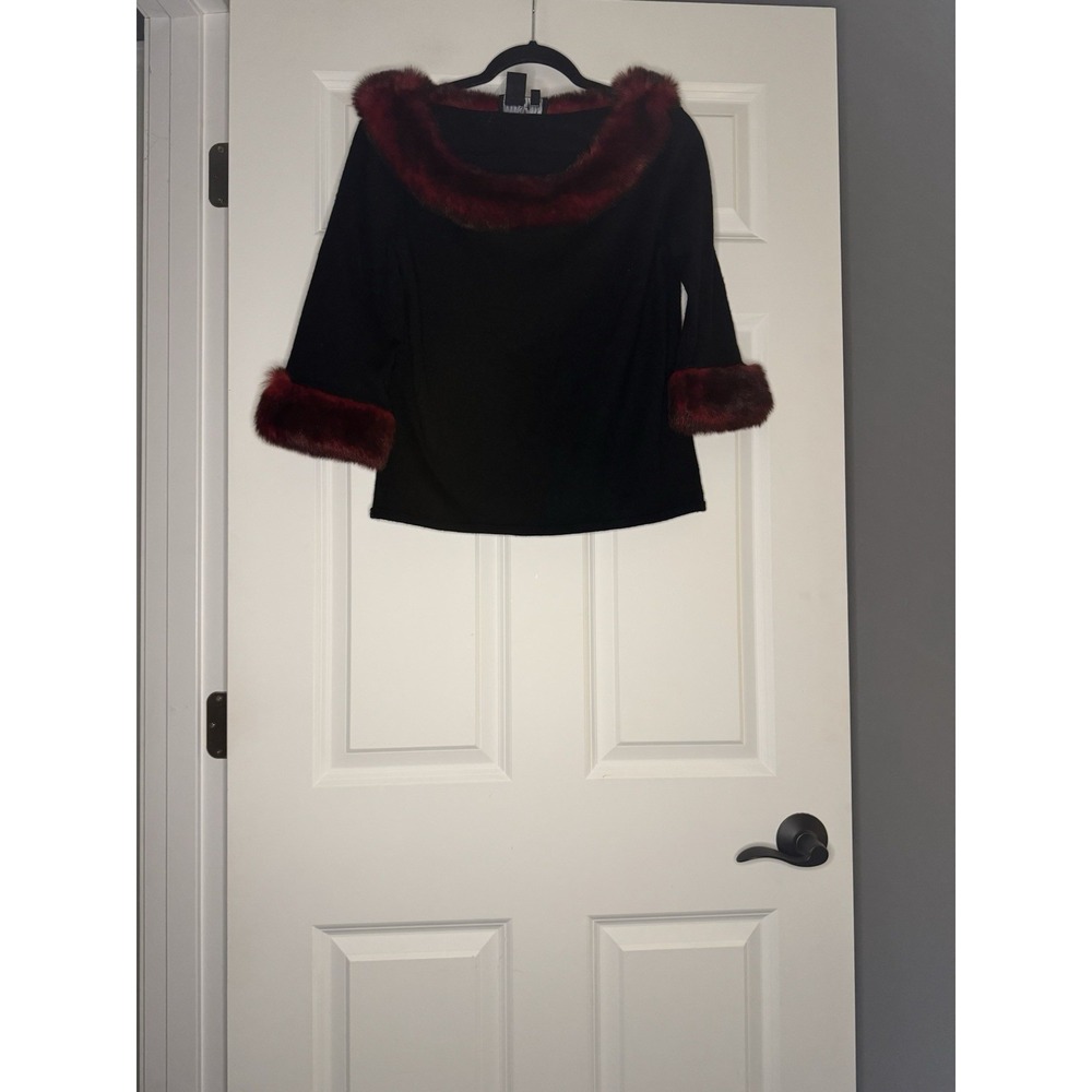 Carole Littl Knitwear Vintage Faux Fur 3/4 Sleeve Sweater Black Red Large